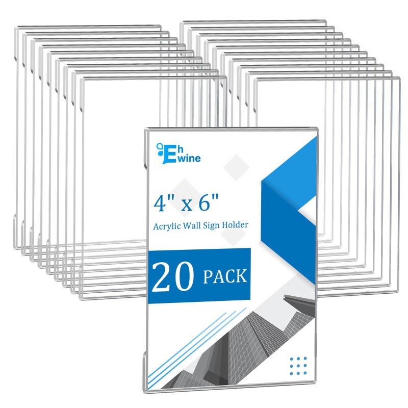 EHWINE 20 Pack 4x6 Wall Mount Acrylic Sign Holder, Wall Signs Photo Menu Flyer Display Holders, Plastic Clear Acrylic Frames for Office Home Hotel Business Store (with Adhesive Tape) - Image 1